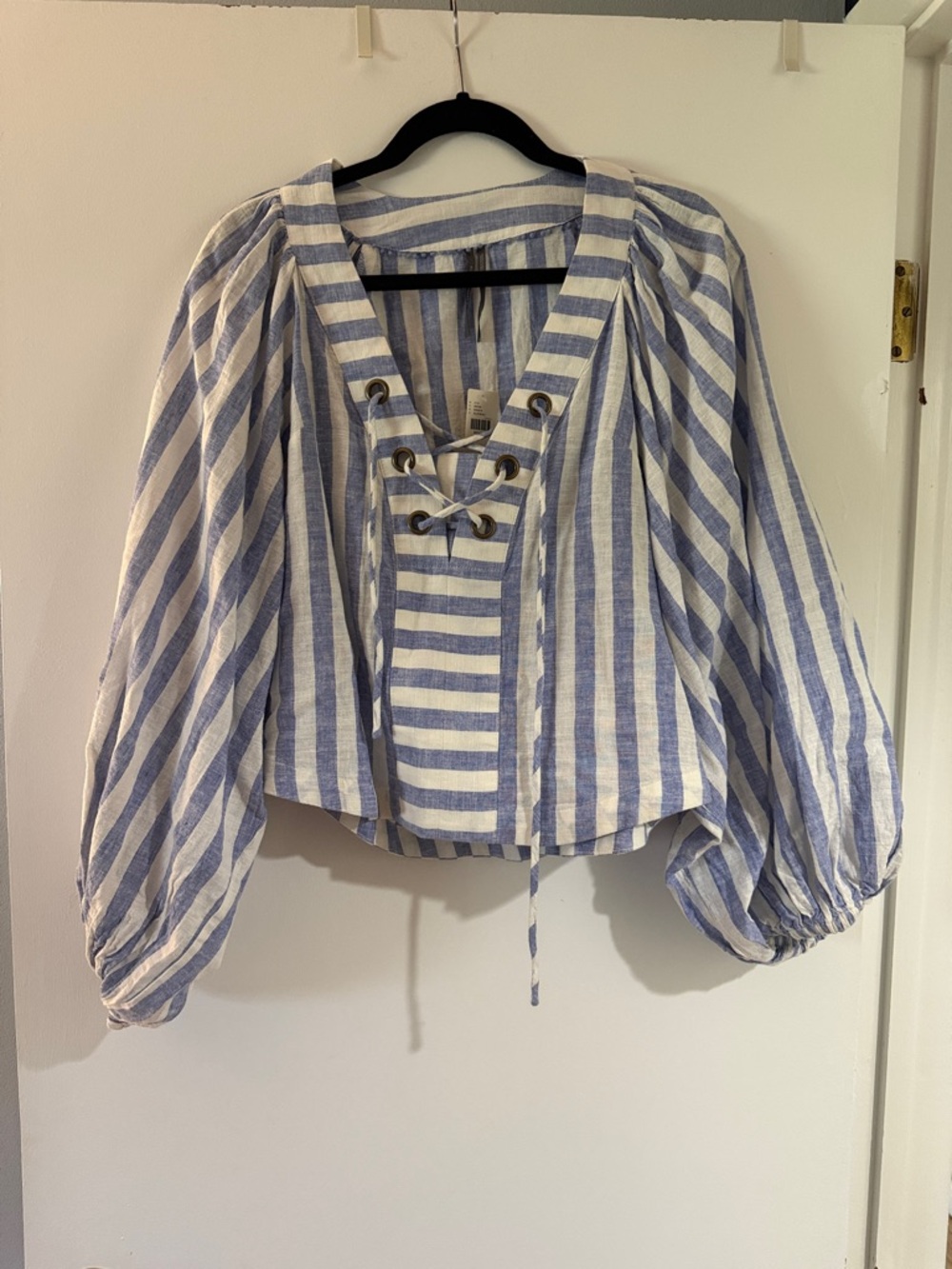 Anthropologie Linen Blend Striped Lace-Up Top - Blue & White